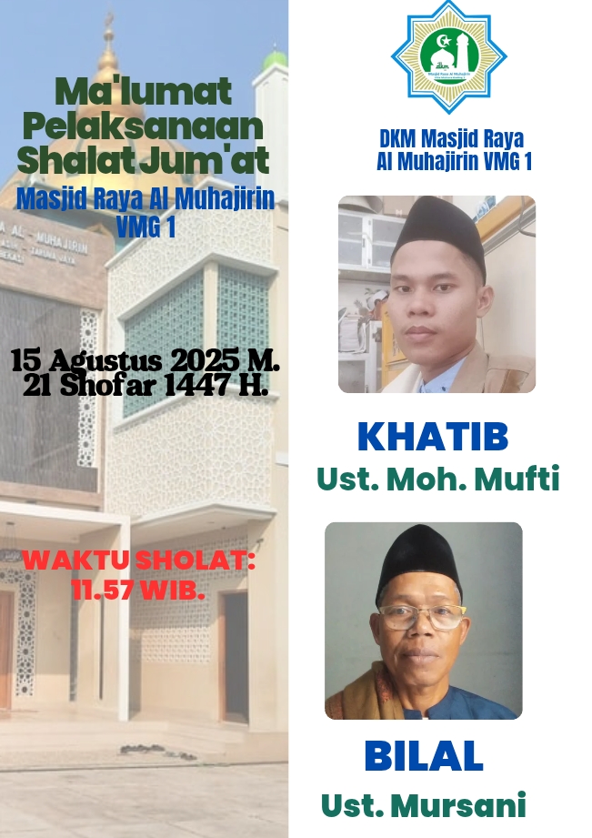 Jadwal Khotib/Imam dan Bilal Jumat 15 Agustus 2025